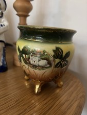 Antique Jardinaire Plant Pot Holder China Yellow Gold Swans Hand Painted C.1900