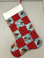 large, red, patchwork, quilted, ROBIN, Christmas stocking. can be personalised
