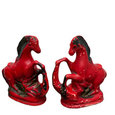 Pair of Horse Mantle Pottery Ornamental Ornaments Red Decorative Figurines