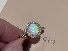 QVC Yellow Gold Plated Sterling Silver Simulated Opal & Diamonique Halo Ring