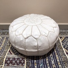 Moorish Leather Pouffe Round Footstool White