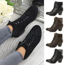 Womens ladies block mid low heel lace up fur cuff smart pixie ankle boots size