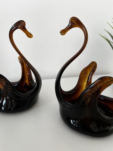 Vintage amber art glass swan - glass,