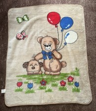 Vintage Minky  Baby Blanket Teddy Bear Balloons Puppy Butterfly BEIGE Throw