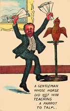 Comic Postcard C1910 Gambling Lost Bet Horse Race Talking Parrot Perch Gentleman