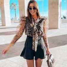 ZARA Sheer Organza Leopard Tie Bow Puff Sleeve Blouse Shirt Size M 7847/158/051