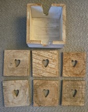 Rustic Square Heart Wooden Coasters & Box Holder Set of 6 for Coffee Table