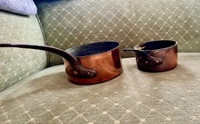 X2 Antique French Copper Saucepans with cast iron handles HEAVY handmade
