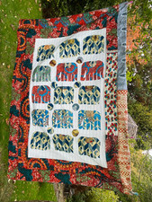 Vintage Handmade Indian Elephant KANTHA Throw Blanket Kelim Kilim Bedspread