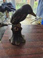 Ceramic Crow Perched On Tree Stump Bird Figurine