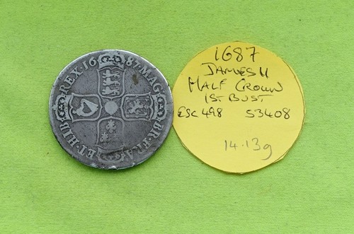 1687 silver half crown coin - 1687,