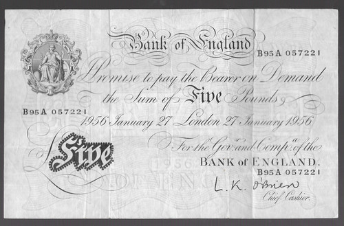 White fiver banknote k - £5,