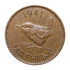 1941 UK 1 Farthing Coin – George VI Bronze Wren – British Pre-Decimal Z3343