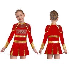 UK Women Girl Cheerleading Long Sleeve Crop Tops With Skirt Rhinestone Dancewear
