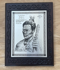 Vintage Maori Chief Rangitira Metal Plaque Taaniko Hand Carved Wood Frame Rare