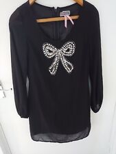 Lipsy Black Shift Dress UK Size 10 beaded bow Knee Length Long Sleeve cbo5