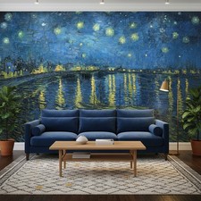 Van Gogh Starry Night River Scene Printed Photo Wall Mural with Lights, Sky