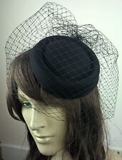 black felt mini pill box hat black veiling french veil fascinator wedding 