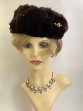 Vintage 1950s Segmented Real Fur Brown Beret Style Hat With Brown Satin Lining