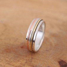 *CLEARANCE* 925 Sterling Silver Brass Copper Tri Colour Spinning Worry Band Ring