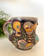 Vintage Signed Casey Hanrahan Pottery Skeleton Mug, Brutalist Mug, Halloween