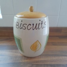 Cream Ceramic Biscuit Barrel Rayware Leaf Design Yellow & Green