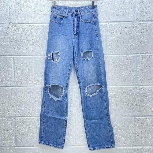 Blue denim ripped mom jeans - blue,