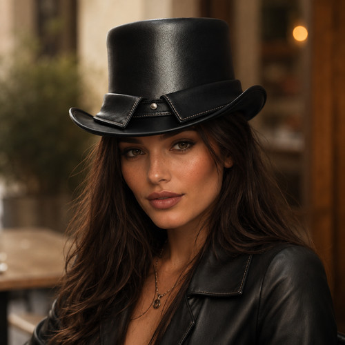 Black leather top hat - black,