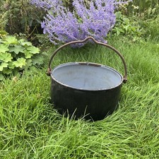 Vintage Retro old enamel cast iron cauldron cooking pot swing handle primitive