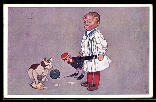 Boy with steiff doll cries - ak,
