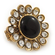 'Diva Blossom' Crystal and Ceramic Flower Ring in Gold Tone - Adjustable size