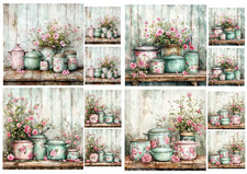 2 Sheets  - A4 Rice Paper Decoupage - Vintage, Pink Flowers, Pots, Upcycling