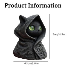 Mysterious Hooded Cat Figurine, Halloween Gothic Black Cat Statue with Cloak