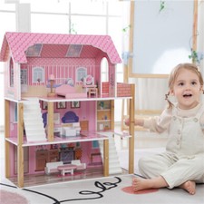 Large Wooden Dollhouse Kids Play House with Furniture 3 Storey Mansion Toy Gift.