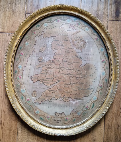 Embroidered silk sampler map - embroidered,