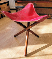 Vintage Tooled Red Leather Folding Tripod Cowboy Camping Stool