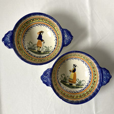 Soup Bowls Lugged Pair | Henriot Quimper | Folk Art | Faience | Vintage Ceramic