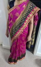 Saree Pink Navy Gold Embroidered Wedding Bollywood Sari Lengha 