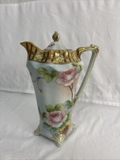 Vintage Hand Painted Nippon Footed Teapot w/ Original Lid Pink Roses Gold Trim