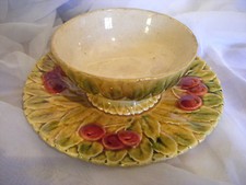 Antique Sarreguemines French Majolica Bowl and Attached Plate c1865