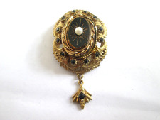 Vintage Signed Sphinx Imitation Black Marble Black Seed Bead Gold Tone Brooch