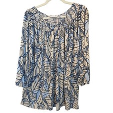 Susan Graver Size 1X Liquid Knit Smocked Neck 3/4 Sleeve Top Cream Blue Leaf