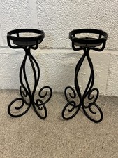 Pair of Heavy Wrought Iron Scroll Pillar Candle Holders 29cm Rustic Gothic Black