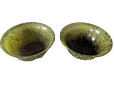 Vintage Pair of Chinese Green Spinach Jade Bowl 10cm Diameter