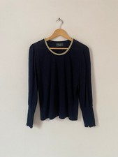 Wyse London Women Top Size 5 UK 16 Navy Blue Linen Long Sleeve 