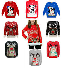 Girls Boys Christmas Rudolph Snowman Penguin Xmas Tree Jumpers Pullover 3-14 Yrs