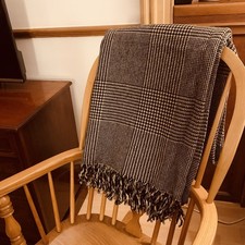Vintage Heavy Wool Blanket – Glen Check / Houndstooth 180×150cm Fringed