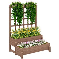 2-Tier Wooden Raised Bed with Trellis and Drainage Holes