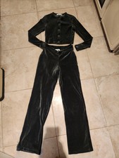 Peachy Den Velvet Dark Green Button Up Crop Top and Trousers Size XS 
