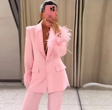 ZARA NEW WOMAN FEATHER CUFF BLAZER JACKET AND MATCHING TROUSERS PINK SIZE XL 